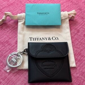 Tiffany & Co. Black Leather Snap Heart Pouch with Silver Keychain NWOT